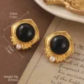 Vintage style gold-tone earrings featuring black cabochon center and pearl detail - Black Gem Pearl Irregular Wave Style (E4-21559A-5800)