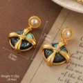 Vintage enamel earrings with pearl and abalone shell effect, Van Gogh series design. - Pearl Starburst Enamel Style (E4-21560-8900)