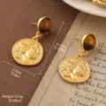 Elegant vintage gold coin drop earrings with tiger eye stone and classic relief design - Tiger Eye Coin Relief Style (E4-21592-6000)
