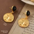 Vintage gold relief coin drop earrings with black studs and measurements - Black Hemisphere Gold Coin Style (E4-21592B-6000)