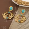 Vintage golden flower and bird drop earrings with turquoise stones - Turquoise Flower and Bird Dangle Style (E4-21638B-7800)