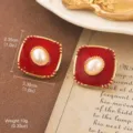 Vintage style red enamel square stud earrings with central oval pearl accent detail - Red Frame Oval Pearl Style (E4-21763-5200)