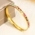 Eleganter Armreif aus goldfarbenem Edelstahl mit buntem Emaillemuster für Damen - Bunter Patchwork-Stil (6MMSZ708) / 6mm Breite