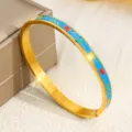 Eleganter vergoldeter Titanstahl-Armreif mit blauer Emaille und bunten Tulpenmustern - Tulpenstil auf blauem Grund (6MMSZ716) / 6mm Breite