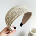 Close-up of elegant wide headband featuring intricate champagne beads and sequins - Wide Bead Stripe Shimmer Style / Beige