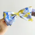 Detail of large bow hair accessory with blue and yellow oil painting smear pattern - Double Layer Bow Spring Clip