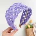 Detail view of the intricate purple hand-woven straw headband for a vacation style - Braided Headband / Purple