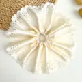 Gros plan du chouchou plissé crème élégant avec des détails de broderie ajourée fine - Beige