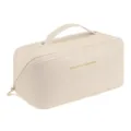 Beige PU leather cosmetic bag travel toiletry pouch with handle and zipper closure. - Creamy Apricot White
