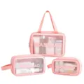 Pink clear PVC cosmetic travel wash bag set with handle waterproof storage organizer. - Set of 3 / Pink