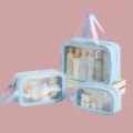 Blue transparent PVC wash bag set, frosted waterproof cosmetic makeup organizer pouch. - Set of 3 / Blue