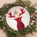 Red reindeer felt cutlery holder for Christmas holiday table silverware decoration - Elk Style / Red