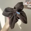Large dark brown satin hair scrunchie with elegant bow design and blue lining - Double-Sided Coffee Blue Square Scrunchie
