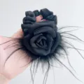 Handmade black satin scrunchie with ostrich feathers and elegant fabric camellia rose - Rose Ostrich Feather Hair Tie / Black