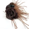 Detailed shot of brown silk rose hair claw clip with ostrich feather trim - Rose Ostrich Feather Claw Clip (S461) / Coffee