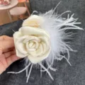 Elegant ivory camellia rose hair claw clip decorated with fluffy white ostrich feathers - Rose Ostrich Feather Claw Clip (S461) / Off White
