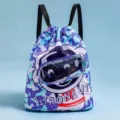 Children's waterproof drawstring backpack detail showing astronaut graphic and transparent window. - Small without Shoe Compartment / Space Astronauts