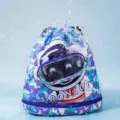 Waterproof kids drawstring swim backpack with astronaut graphic and wet dry separation design. - Large with Shoe Compartment / Space Astronauts