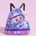 Detail view of kids waterproof drawstring swim backpack with cute mermaid pattern and wet compartment. - Large with Shoe Compartment / Mermaid