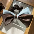 Close-up of elegant brown and light blue bow scrunchie on a wooden jewelry tray. - Bow Scrunchie
