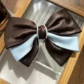 Close-up detail of an elegant brown and light blue satin bow hair clip on a tray - Triple Layer Bow Clip