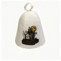 Close-up of white felt sauna hat featuring a spooky Halloween haunted house print - Halloween Ghost Print Style / Halloween White