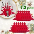 Set of 12 red felt Christmas tree cutlery holders for festive table decor - Maple Leaf Christmas Tree / 12-Piece Set / Red