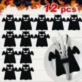 Set of 12 Halloween felt cutlery holders in black demon bat shape for table decor - Devil / 12-Piece Set / Black