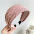 Detailed macro view of pink wide headband featuring rows of beads and glittery threads - Wide Bead Stripe Shimmer Style / Pink