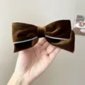 Close-up detail of elegant brown velvet bow hair clip with chic blue piping decoration - Coffee Blue Contrast Velvet Bow Clip