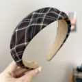 Close-up of brown plaid wide padded headband showing fabric texture - Textured Headband (S397) / Chocolate Plaid