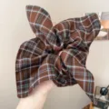Large retro brown plaid fabric scrunchie with bunny ears design for bun hairstyles - Square Scarf Scrunchie (S397) / Coffee Plaid