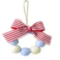 Handmade wool felt ball wreath with red striped bow for holiday wall hanging - Wool Ball Wreath with Bow (Large) / 15cm Diameter / White and Blue