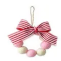 Handmade pink and white wool felt ball wreath ornament with a red striped ribbon bow - Wool Ball Wreath with Bow (Large) / 15cm Diameter / White Pink