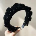 Detailed texture of black flocked pleated headband with colorful glitter stars - Flocked Headband / Multicolor Black