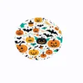 Round sublimation felt coaster with vibrant Halloween pumpkin and bat pattern. - Halloween Pattern Style / Halloween Multicolor