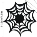 Close-up of black felt spider web placemat with dimension detail for Halloween - Spider Web Coaster / Diameter 11.5cm