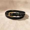 Womens black leather thin belt with elegant gold tone pin buckle, retro style waist accessory. - Style A Gold Buckle / Black