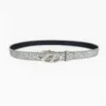 Trendy silver glitter belt with a stylish oval A letter metal buckle for women denim jeans. - Shiny A Buckle Sequin Style / Silver Pink