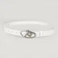 White leather belt with silver tone oval metal buckle stylish accessory for jeans and dresses - White