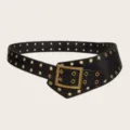 Black wide grommet belt with double buckle, Y2K retro style decorative leather belt for women. - Type A: Black Belts with 3.8cm Bronze Gold Buckle
