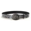 Vintage embossed black leather belt with silver metallic mythological relief buckle style. - Style B: 3.8cm Silver Buckle & Silver Embossed Belt / 105cm