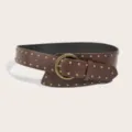 Women's brown retro studded leather belt with round metal buckle for jeans and dresses - Style B: 3.8cm Antique Gold Buckle + Coffee Belt