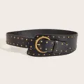 Black Wide Leather Belt with Gold Studs and Round Buckle Y2K Retro Style Accessory - Style B: 3.8cm Antique Gold Buckle + Black Belt