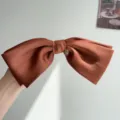 Elegant burnt orange satin bow hair clip with heart charm detail and spring closure - Bow Spring Clip / Caramel Brown