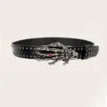 Gothic punk black leather belt with metal studs and skeleton hand buckle featuring a red gem. - Size M (115cm) / Style A Red Dot Skull Hand Gun Nail Belt (Three Leather Loops)