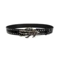 Gothic punk black leather belt with metal studs and unique skeleton hand buckle design. - Size M (115cm) / Style A White Dot Skull Hand Silver Nail Belt