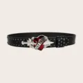 Punk style black leather belt with metal studs and dagger pierced heart buckle for women. - 105cm / Dagger Through Heart Buckle with Gun Studs Belt