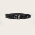 Gothic punk skeleton hand buckle leather belt with metal studs for men and women rock decor - Style B Small Skull Hand Buckle Gun Nail Belt (Three Leather Loops)