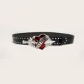 Punk style women black leather belt with red heart dagger buckle and metal studs waist accessory - 105cm / Dagger Through Heart Buckle with Silver Studs Belt